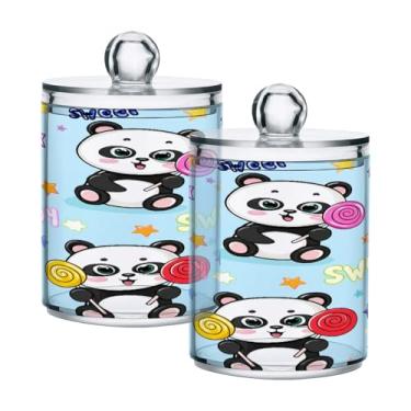 Imagem de STAYTOP 2 frascos de boticário Qtip para banheiro com etiquetas – Recipiente de armazenamento Qtip de plástico transparente para bola de algodão, cotonete, grão de café - pandas fofos segurando