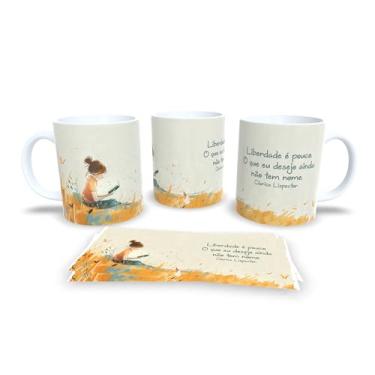 Imagem de Caneca com Ilustração de Criança e Estrelas, Frase Fernando Pessoa, Design Noturno, Cerâmica Branca (18716)