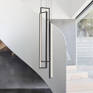 Imagem de Lustre moderno de LED para escadas, luminária pendente decorativa interna de alumínio quadrada, dimerizável com controle remoto, ideal para casas de campo, hotéis, salas de estar, salas de j