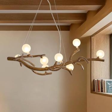 Imagem de Lustre rústico de 8 lâmpadas com galhos de árvore para sala de jantar, luminária pendente estilo fazenda, luminária vintage de resina para ilha de cozinha, restaurante, sala de estar, bar ou