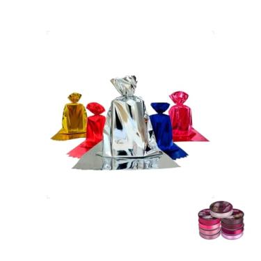 Imagem de Kit Saco Metalizado 15x30cm com 50 Unidades e Fita Cetim 22mm x 50 Metros
