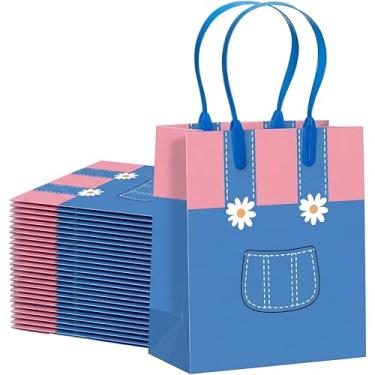 Imagem de Sadnyy 24 peças de sacos de presente de professor de inglês para lembrancinhas de festa de aniversário com alças decorações de festa de meninas rosa azul padrão desenho animado para decoração de sala