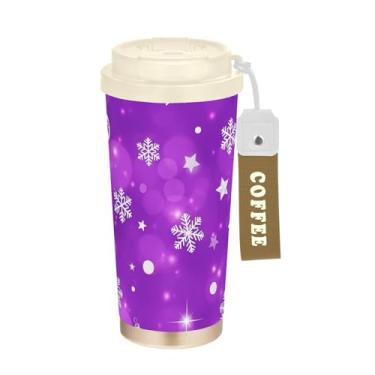 Imagem de Caneca de viagem de café 40 ml com canudo e tampa, copo de café de viagem de aço inoxidável à prova de vazamento para escritório, escola, festa, acampamento, flocos de neve de Natal, roxo, Natal