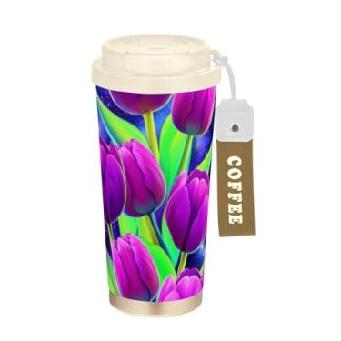 Imagem de Caneca de viagem de café 16+ Oz, copo de café de viagem com revestimento cerâmico com canudo e tampa, copo isolado a vácuo de aço inoxidável, tulipas roxas vibrantes