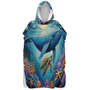 Imagem de Joisal Roupão vintage de baleia azul tartaruga para adultos, poncho de surfe, toalha de banho com capuz, ponchos de praia leves para homens
