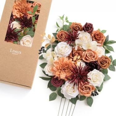 Imagem de Ling's moment Caixa de flores falsas, hastes artificiais artificiais de espuma, rosas de seda, dália para centros de mesa, arranjos florais de casamento, chá de panela, terracota e vinho, combo de