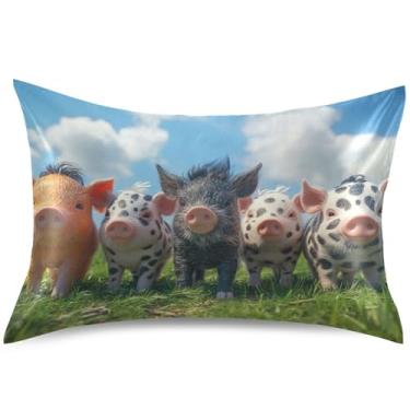 Imagem de Cool Piglet Family Grass Capas de almofada de cetim para resfriamento de cabelo, capas de travesseiro padrão king queen padronizadas para decoração de cama, tamanho Queen, 76 cm x 50 cm