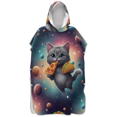 Imagem de Joisal Cute Cat Pizza Taco Surf Poncho Adultos Trocando Roupão de Secagem Rápida Homens Mulheres Poncho com Capuz Toalha de Praia Estampado