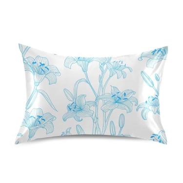 Imagem de Fronhas refrescantes arte fofa flores lírio azul branco cetim impressão padrão king queen travesseiros chinelos quarto estética king size 101,6 cm x 50,8 cm