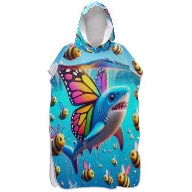 Imagem de Joisal Roupão para adultos, poncho de surfe, com capuz, toalha de praia, estampada, vestível, desenho animado, tubarão, abelhas, poncho masculino com capuz