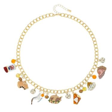 Imagem de Madison Tyler Colar com pingente de Ação de Graças para mulheres | Colar divertido com pingente de comida de presunto e torta de abóbora de peru | Joias festivas para festas de fim de ano, Metal,