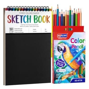 Imagem de Kit de caderno de desenho, caderno de esboço A5 com 24 lápis de cor, bloco de esboço preto de três cores, bloco de esboço sem ácido para crianças, artista, material de desenho de papel de arte para