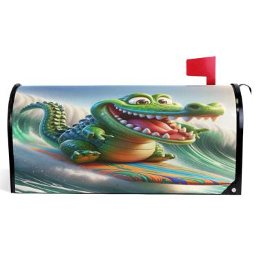 Imagem de TSENQUE Capas de caixa de correio magnéticas decorativas vinil caixa de correio envoltório verão engraçado desenho animado crocodilo verde caixa de correio moderna decoração de jardim tamanho padrão