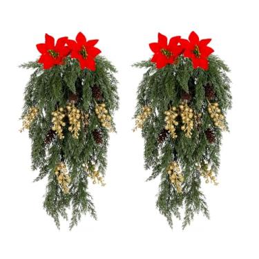 Imagem de Decorações de Natal, plantas artificiais com poinsétias, flores artificiais de Natal, baga, pinha, vegetação, caules para porta da frente/lareira para pendurar na parede de inverno, casa, férias (2