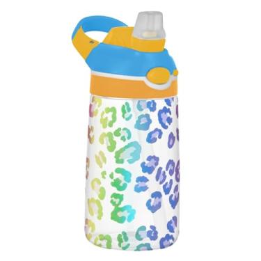Imagem de Garrafa de água infantil brilhante com estampa de leopardo arco-íris com canudo 473 ml 473 ml Garrafa de água de plástico Tritan reutilizável à prova de vazamento, portátil, alça de transporte