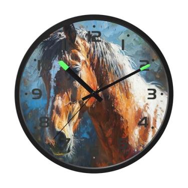 Imagem de SEHANY Relógio de parede artístico majestoso cavalos silencioso, sem tique-taque, relógio redondo operado por bateria, controle de som, luz noturna, relógios de parede para sala de estar, cozinha