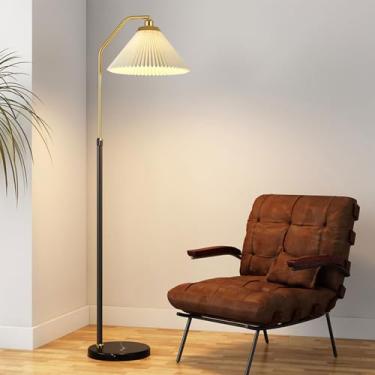 Imagem de Luminária de chão com cúpula plissada, altura ajustável, luminária vertical com cabeça giratória, ideal para sala de estar, leitura e iluminação. Possui interruptor de botão e base de mármor