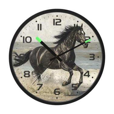 Imagem de SEHANY Relógio de parede artístico majestoso cavalos silencioso, sem tique-taque, relógio redondo operado por bateria, controle de som, luz noturna, relógios de parede para sala de estar, cozinha