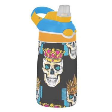 Imagem de Garrafa de água infantil Skulls Black Cool Art com canudo 473 ml 473 ml Garrafa de água de plástico Tritan à prova de vazamento reutilizável para crianças, portátil, alça de transporte
