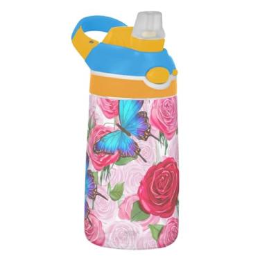 Imagem de Garrafa de água infantil Red Pink Roses Blue Butterflies 473 ml Garrafa de água de plástico reutilizável com tampa de canudo 473 ml Tritan à prova de vazamento para crianças copos de viagem portátil