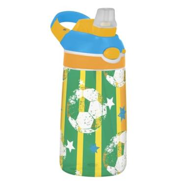 Imagem de Garrafa de água infantil de 473 ml com tampa de canudo à prova de vazamento, garrafa de água esportiva para escola, portátil, 473 ml, copos de viagem para crianças, alça de transporte, listras verdes