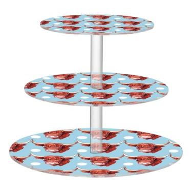 Imagem de Suporte de cupcake de 3 camadas para festas, vacas marrons, copo azul, torre de bolo, exibição de acrílico, decoração de festa de chá, bandeja de servir, suporte de comida, biscoito
