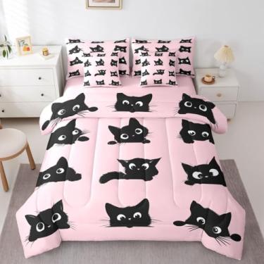 Imagem de Erosebridal Jogo de cama casal de 7 peças de gato preto fofo para crianças, meninos e meninas (rosa e preto) - Conjunto de edredom com estampa de gatinho e animais fofos com lençol
