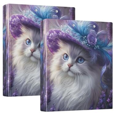 Imagem de Gato persa chique personalizado chapéu roxo fichário de 3,8 cm 3 anéis comporta 200 folhas, anel redondo fofo, fichário, 31,5 x 27 x 6 cm, pacote com 2