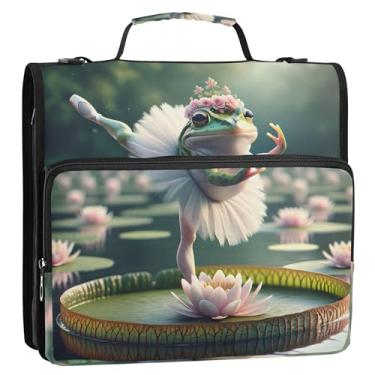 Imagem de Fichários de 3,8 cm, 3 anéis, resistente, engraçado, sapo, bailarino, dançarina, lótus, fichário com zíper, fichário organizador com alça, bolsa escolar grande, estojo de armazenamento com alça
