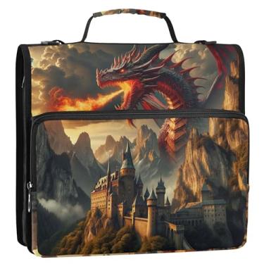 Imagem de Castelo de dragão mítico de 3 anéis de 3 argolas organizador de fichário com zíper resistente bolsa escolar com alça de ombro, vários bolsos, pasta grande para portfólio