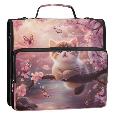 Imagem de Rosa Flor de cerejeira fofo gato 3 fichários anel D 1 1/2 polegada organizador de fichário escolar bolsa de fichário escolar com alça de ombro portfólio e estojo suporte de pasta de anel