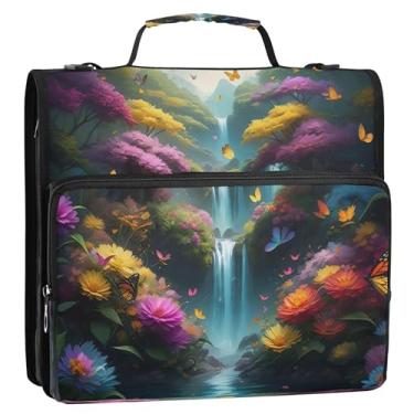 Imagem de Cena de primavera colorida cachoeira organizador de fichário com zíper 3 fichários anel D 3,8 cm bolsa escolar com alça de ombro, vários bolsos, pasta grande para portfólio