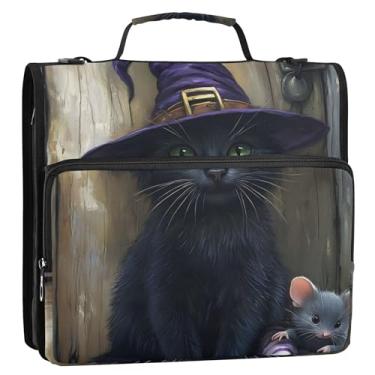 Imagem de 3 fichários de 3,8 cm, anel D de gato preto místico, chapéu de bruxa, organizador de fichários escolares com alça de ombro, portfólio de documentos, comporta 500 folhas