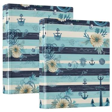 Imagem de Fichários de três anéis azuis com listras florais náuticas 1,5 polegadas, 200 folhas, lindas pastas de caderno, anel redondo, floral, fichário resistente, 31,5 x 27 x 6 cm, 1 pacote