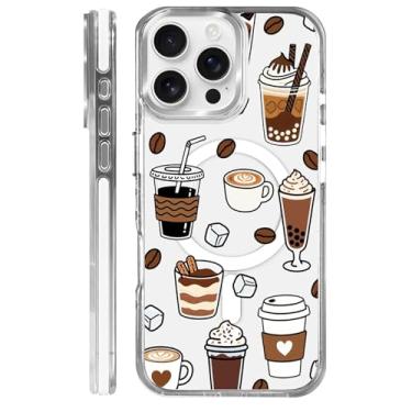 Imagem de casesok Capa para iPhone 16 Pro Max compatível com Magsafe, design estético claro bonito para meninas e mulheres, capa rígida protetora antiqueda para iPhone 16 Pro Max - café gelado fofo bebidas