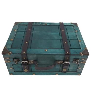 Imagem de Asixxsix Baú de armazenamento vintage, mala vintage com alça de couro, ferragens em liga de alumínio, fechadura, mala de madeira para decoração de casa, coleção de joias (Retro Verde Grande)