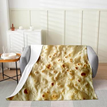 Imagem de Cobertor de flanela Chapatti, cobertor de lã de comida indiana realista 3D para decoração de quarto, cobertor de Chapatti de comida engraçada bege para sofá de sofá, 127 x 152 cm