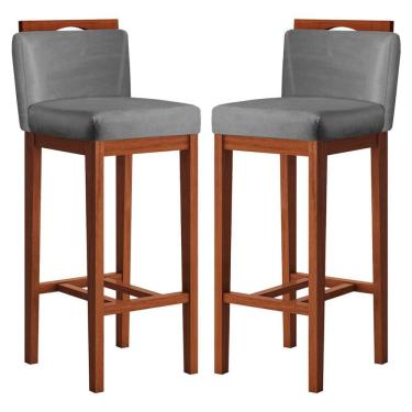 Imagem de Conjunto 2 Banquetas Alta Em Madeira Maciça Libéria Ccs Interiores Pinhao/cinza