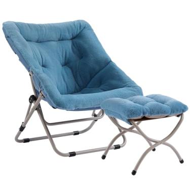 Imagem de Furlide Cadeira de pires com otomano, cadeira dobrável de pele sintética grande, cadeira de dormitório macia, cadeira dobrável de metal para quarto, sala de estar, estudo, sala de jogos (azul)