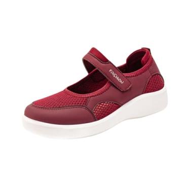 Imagem de Sandálias rasteiras femininas casuais estilo quatro estações com malha voadora de cor sólida respirável bico redondo e fecho de, Vermelho, 35