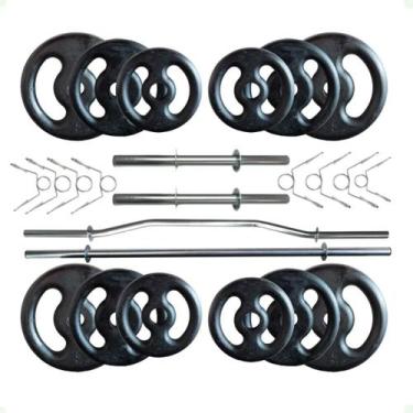 Imagem de Kit 40 Kg de Anilhas Ferro + 02 Barras de 40cm + Barra W + Barra 120cm