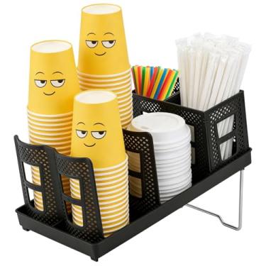 Imagem de Organizador Porta-Copos Café, Copo Papel e Tampa Dispensador com Canudo Armazenamento Cesto para Bancada Estação Café Bar Restaurante Sala de Descanso Cozinha Escritório Casa Festa (Preto)