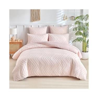 Imagem de x3anggyt5 Conjunto de capa de edredom de microfibra rosa, conjunto de cama texturizado boho adornado com 4 laços e fecho de zíper (solteiro (135 * 200 cm))
