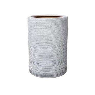 Imagem de KHUTRW3D Vaso de flores de cerâmica cilíndrica para plantas, linha cinza, com orifícios de drenagem, grande calibre, para uso interno e externo