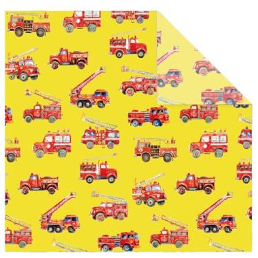 Imagem de JarThenaAMCS 6 folhas de papel de embrulho de caminhão de bombeiros - não rolo - papel de embrulho de carro de bombeiros amarelo vermelho dobrado plano para festa de aniversário de meninos, artesanato