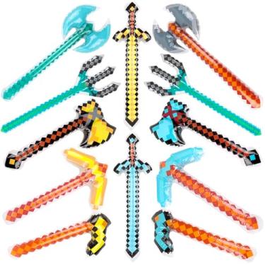 Imagem de KIMOBER Pacote com 12 Armas Infláveis Pixel, Machado de Espada Inflável, Machado de Picareta, Tridentes, Adereços de Festa na Piscina Reutilizáveis em PVC para Eventos Temáticos de Cosplay