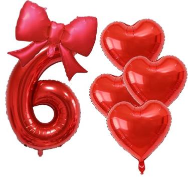 Imagem de Número 6 balões vermelhos 81 cm vermelho Mylar Foil Digital 6 Bow Heart Balloon Set Tema aniversário formatura festa aniversário casamento noivado decorações suprimentos para o dia dos namorados