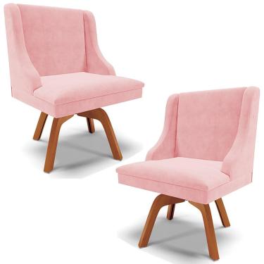Imagem de Kit 2 Cadeiras Decorativas Sala de Jantar Base Giratória de Madeira Firenze Suede Rosa Bebê/Natural G19 - Gran Belo