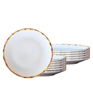 Imagem de Jogo 12 Pratos Rasos 27cm Borda De Bambu Cerâmica 1ª Linha Scalla