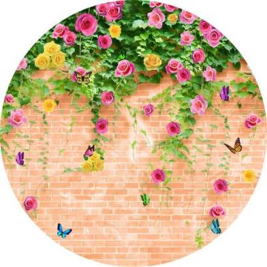 Imagem de Painel de Lona Redondo Muro de Tijolos Vermelhos Flores e Borboletas -